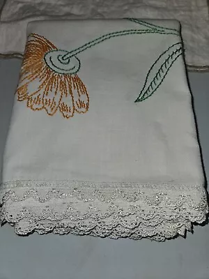 Vintage Embroidered Tablecloth W/ Lace Edges 56 ×36  Floral  • $35