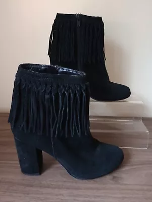 River Island Suede Tassel Black Ankle Boots Womens UK Size 4 Tassels Zip • £6