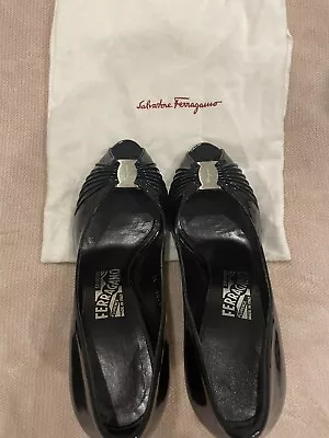 Salvatore Ferragamo Black Peep-toe Patent Pumps 37.5 With Dust Bags • $650