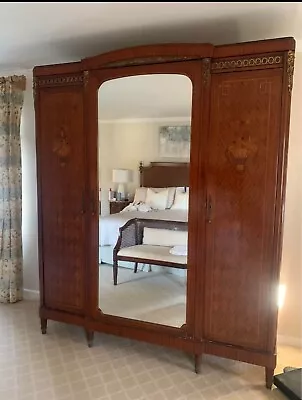 ANTIQUE 19thC FRENCH Louis XVI Bronze Mounted Beveled Mirror Triple Door Armoire • $1190