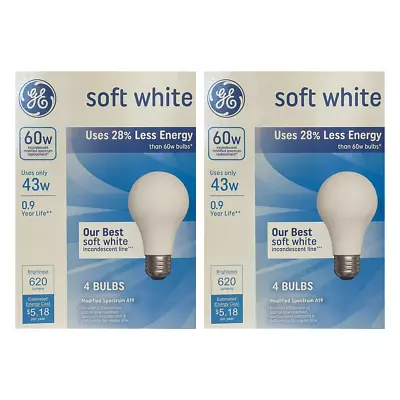 GE 60-Watt A19 Soft White Dimmable 620 Lumens Of 8 Basic Bulbs 2-Pack Each 4 Pcs • $23.99