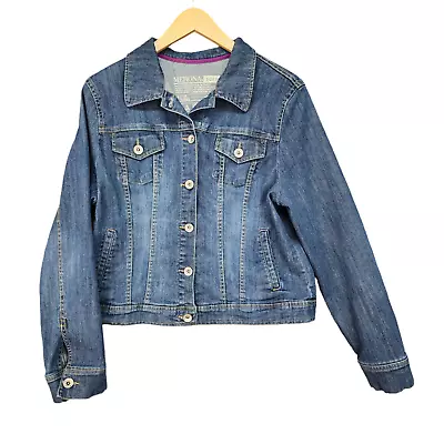 Merona Jean Jacket Womens Medium ? Large Denim Blue Pockets Stretchy Button Down • $9.99