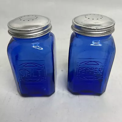 Vintage Glass Cobalt Blue Embossed Salt & Pepper Shakers 4.5  Tall • $15