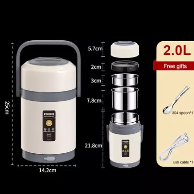 2L Home USB Electric Heating Lunch Box Stainless Steel Heated Food Thermos Insul • £69.77