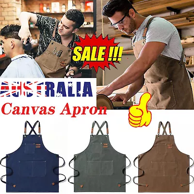 Canvas Aprons W/Pockets-Cross Back Kitchen Apron For Woodworking Cook Grilling D • $26