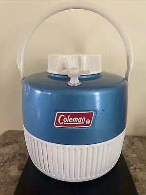 Vintage Coleman Blue & White Water Cooler Jug W/Cup 1 Gallon USA Made Camping • $25