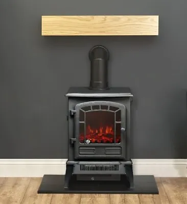 Black Electric Stove Fire Oak Beam Shelf Flame Led Log Effect Freestanding Bnib • £229.99