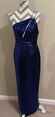 Aidan Mattox Womens Formal Dress Blue Satin One Shoulder Cutout Gown Size 8 • $58