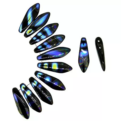 Czech Glass Dagger Drop Beads 5x16mm 2-Hole 25pcs Jet AB Stripes • $5.49