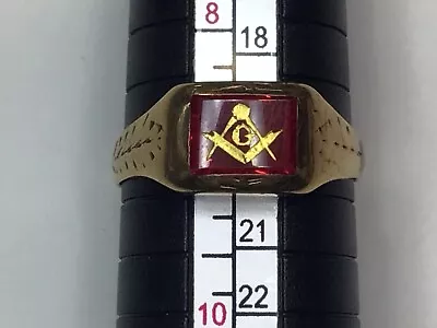 Vintage 10k Yellow Gold Ruby & Enamel Masonic Masons Compass Ring Sz 8.75 • $249.99