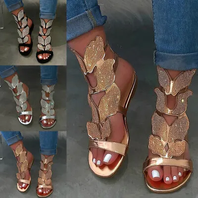 £13.67 • Buy Womens Flat Diamante Peep Toe Sandals Wedge Ankle Strap Ladies Summer Shoes
