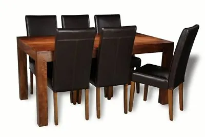Solid Mango Wood Dakota Dining Table & 6 Leather Chairs (3 Styles) New Furniture • £960.70
