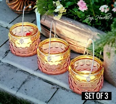 Glass Lantern Tea Light Candle Holder Two Tone Pink Yellow Garden Home SET OF 3 • £9.99