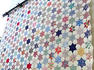 Vtg 30's 40's Hexagon Star Quilt Hexagonal Star Hand Stitched Feedsack • $85