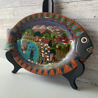 Vintage Mexican Folk Art Pottery Fish Plate Red Clay Hand Painted • $43.99