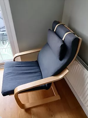 IKEA Poang Chair Beech Wooden Frame Dark Blue Cushion • £20