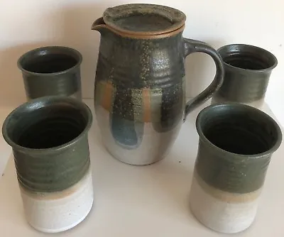 Vintage 70s Ceramic Pitcher Cups Art Pottery Retro Mid Century Modern Stoneware • $95