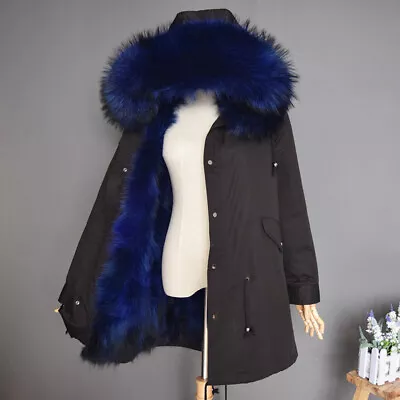 Women Raccoon Fur Iinner Real Fur Collar Hooded Parka Warm Jackets Coat Overcoat • $244.98