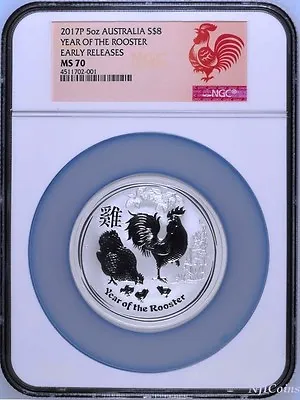 2017 P Australia Silver Lunar Year Of The Rooster 5 Oz $8 Coin NGC MS70 ER • $257.99