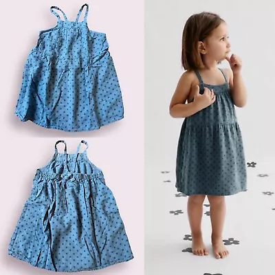 Zara Baby Girl Blue Dot Linen Chambray Sun Dress Ruffle Pointelle Boho Prep 3-4 • $16.99