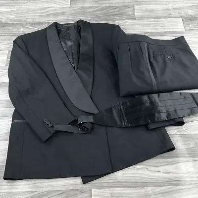 Vintage Lucasini Diplomat Suit Jacket 46 Pants 41 Set Black Pure Wool Cumberbun • $44