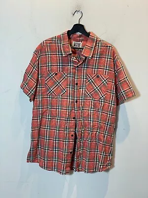 Converse Shirt XL One Star Men Button Short Sleeve Red Plaid Pockets Linen Blend • $16.95