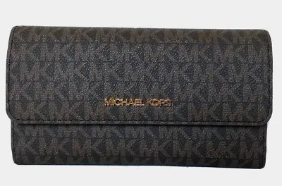 New Michael Kors Jet Set Travel Large Trifold Wallet Signature Brown • $74.90