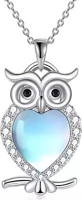 WINNICACA Owl Necklace Sterling Silver Owl Jewelry Blue Stone Abalone Shell Moon • $43.95