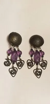 Vintage Purple Art Glass Dangling Hearts Clip On Earrings • $8