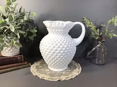 Vintage LARGE White Fenton Hobnail Milk Glass Pitcher~8.5” ~Crimped~FREE SHIP • $59.99