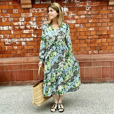 H&M Trend Black Blue Green Floral Midi Long Sleeve Shirt Dress Size M 12 14 16 • $24.89