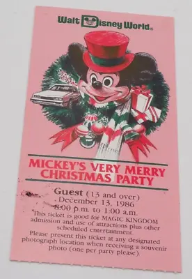 1986 Walt Disney World Mickey's Very Merry Christmas Party Guest Ticket Stub A4 • $53.99