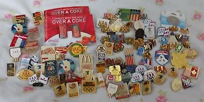 100 Olympic Pins Pinback Coca Cola Advertising McDonalds IBM Budweiser Lot USA • $20.50