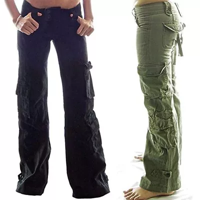 Womens Pockets Combat Cargo Work Trousers Ladies Sports Wide Leg Bottoms Pants • $26.39