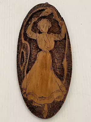 Vintage Wood Burned Carved Pyrography Woman Badminton Flemish Art Wall Hanging • $4.99