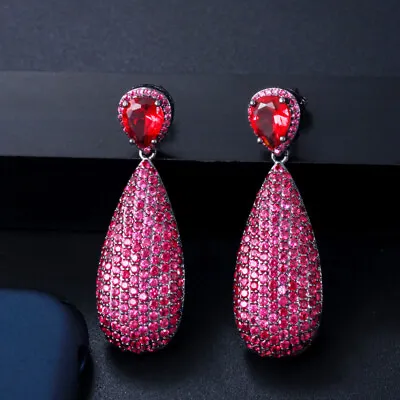 Micro Pave Cubic Zirconia Black Gold Plated Pink Red Dangle Drop Party Earrings • $13.99