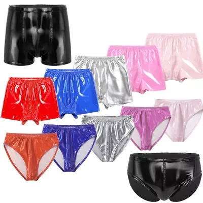 Mens Latex Leather Shorts Bulge Pouch Boxer Briefs Wet Look Hot Pants Underwear • $17.27