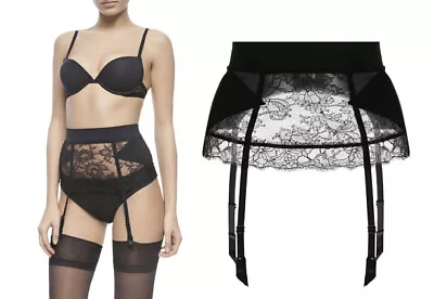 New La Perla 2 Pc Set Souple Push Up Bra Allure Garter Belt Black Lace 32 C S • $135