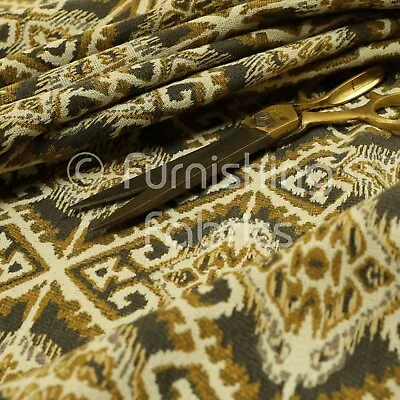 New Heavyweight Mexican Kilim Pattern Grey Yellow Chenille Upholstery Fabrics • £1.99