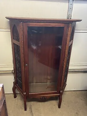 Antique Wooden Hutch Curio Wood Carved Angle  With Glass Door Oak China 40”x55” • $450