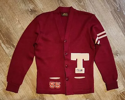 Vintage Skookum Wool Varsity Letterman Cardigan Red Sweater  50s  Dance Costume • $29.99