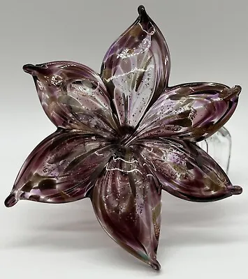 Art Murano Style Curly Stem Glass Flower Purple Tan Vintage Hand Blown • $19.99