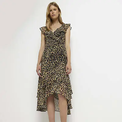 £10 • Buy River Island Womens Wrap Maxi Dress Brown Freya Frill Sleeveless V-Neck