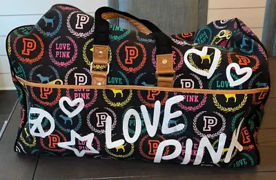 Victoria's Secret Large Pink Black Multi Luggage Travel Overnight Duffel Bag EUC • $134.99