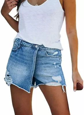Women's High Waist Distressed Frayed Wrap Mini Denim Skort Shorts S~XL • $9.99
