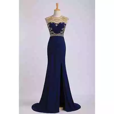Royal Blue Scoop Gold Beaded Neckline Side Slit Mermaid Long Formal Dress • $125