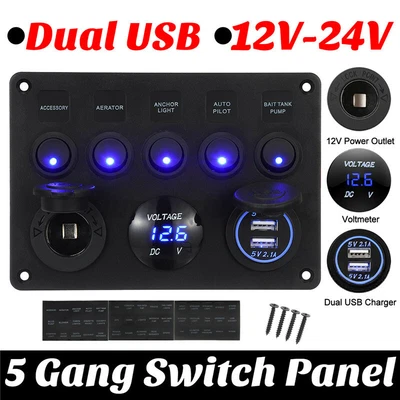 $28.99 • Buy 5 Gang 12/24V Switch Control Panel USB ON-OFF Toggle Rocker Car Marine Boat