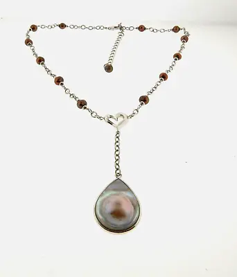 Vintage Sterling Silver Mabe Pearl Pendant Y Necklace • $64.39