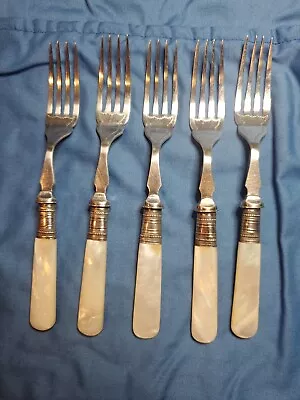 5 Etched Dinner Forks With Mother-of-pearl Handles  • $50