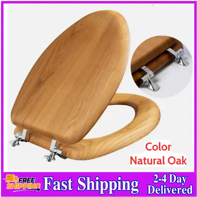 Bathroom Closed Front Toilet Seat Elongated Natural Oak Solid Wood Durable NEW • $43.87